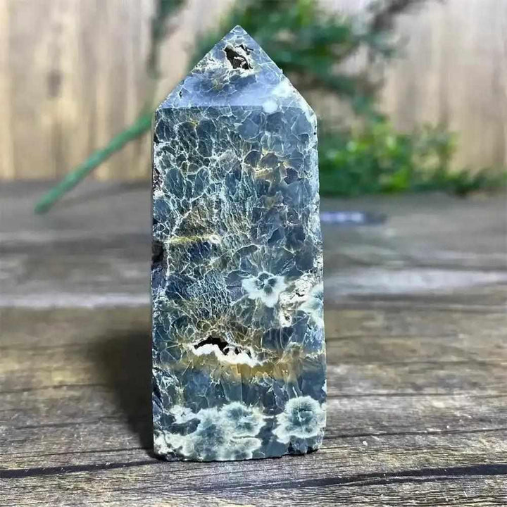 Polished Green Ocean Jasper tower featuring calming green tones, creamy orbs, and unique natural crystal textures.