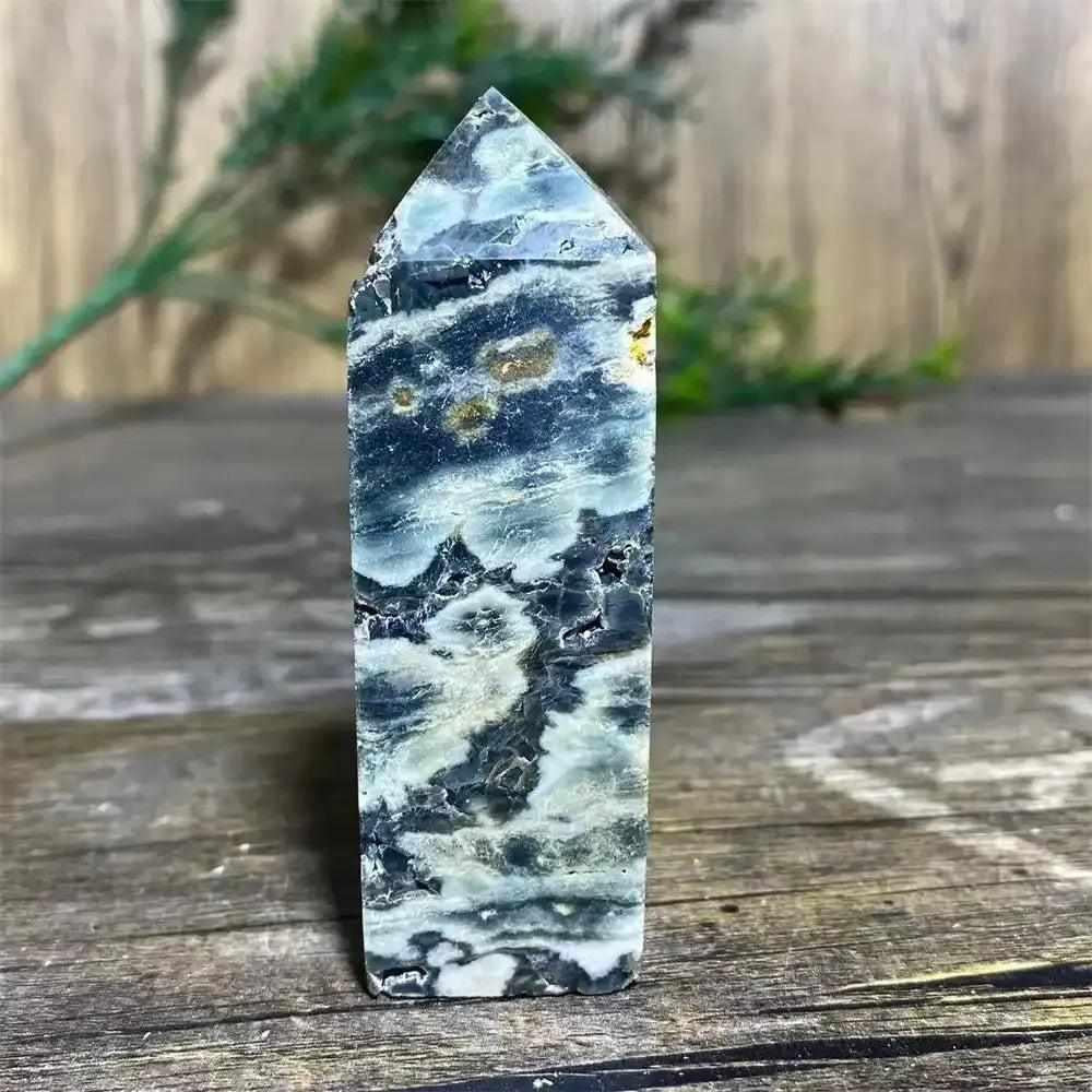 Polished Green Ocean Jasper tower featuring calming green swirls and orbicular patterns for Heart Chakra healing.