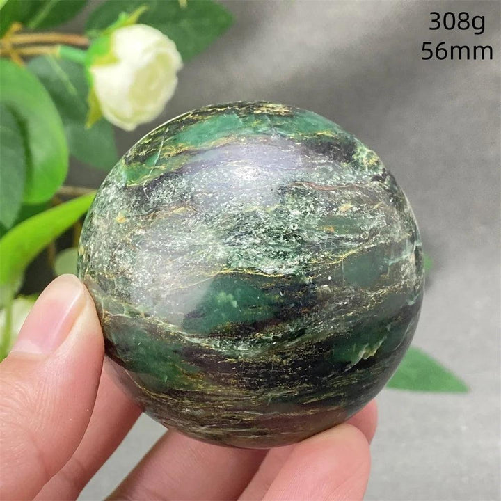 Polished 56mm Green Verdite sphere with rich deep green tones for grounding, heart chakra healing, and abundance.