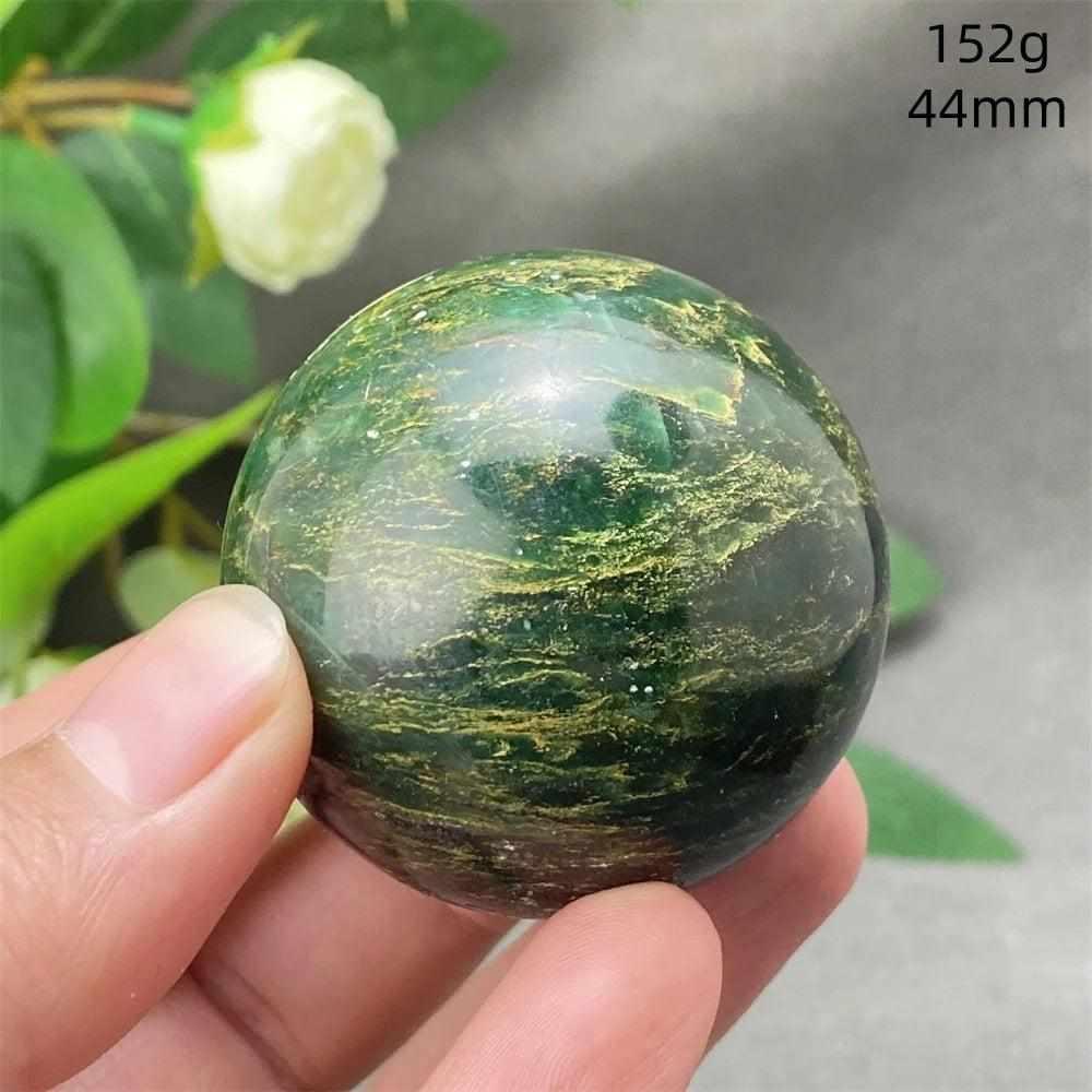 Polished 44mm Green Verdite sphere with rich deep green tones for grounding, growth, and heart chakra healing.