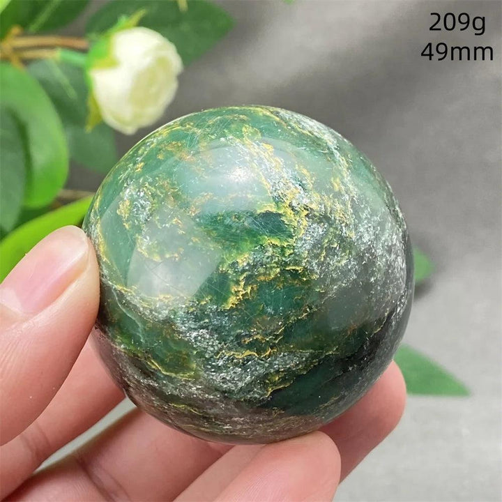 Polished 49mm Green Verdite sphere with rich deep green tones for grounding and heart chakra healing.