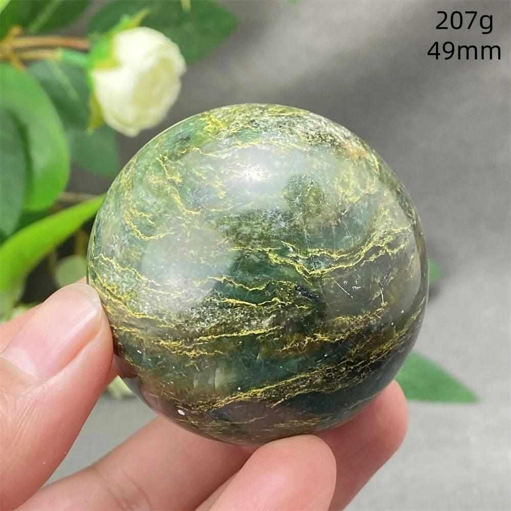 Glossy 49mm Green Verdite sphere with rich deep green tones and natural veining, perfect for grounding and heart chakra work.