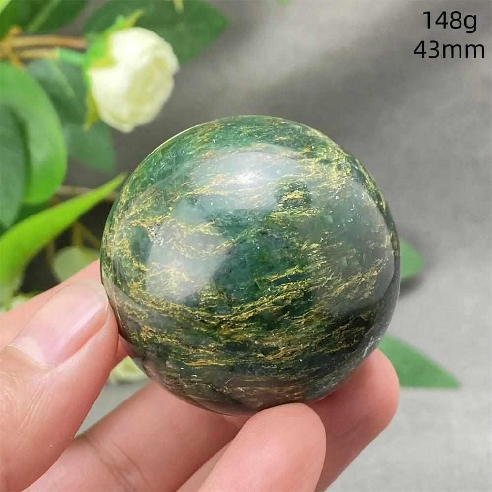 Polished 43mm Green Verdite sphere with deep green tones and grounding energy, perfect for heart chakra meditation.