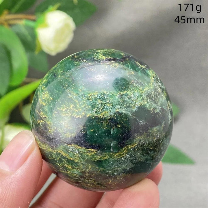 Polished 45mm Green Verdite sphere with rich deep green tones and grounding energy for heart and root chakra healing.