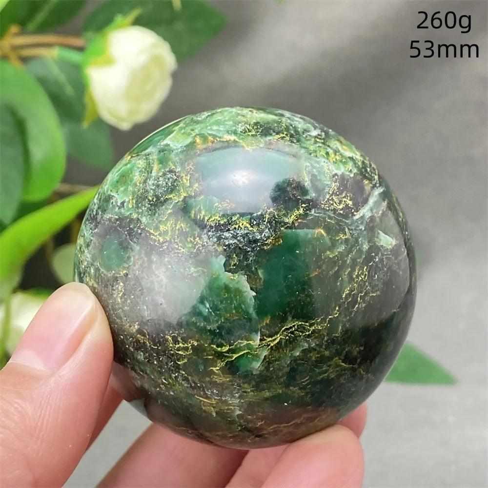 Polished 53mm Green Verdite sphere with deep green tones for grounding, heart chakra healing, and abundance.