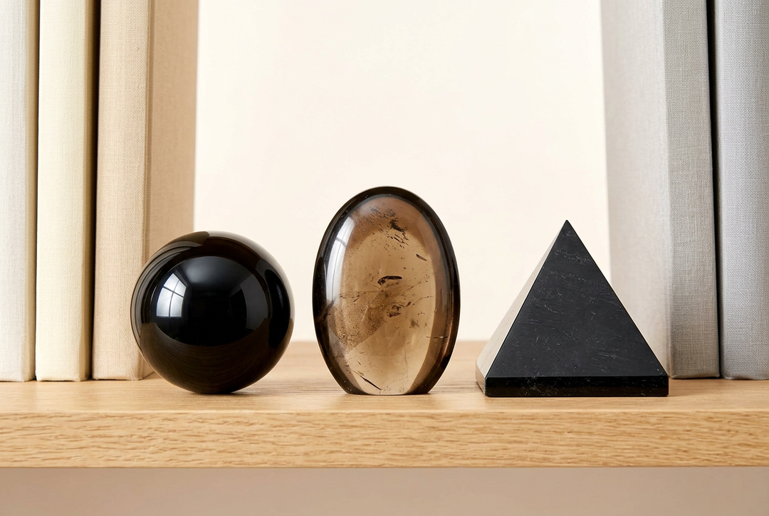 Grounding & Stability crystal set: Obsidian, Smoky Quartz and Black Tourmaline on a bookshelf