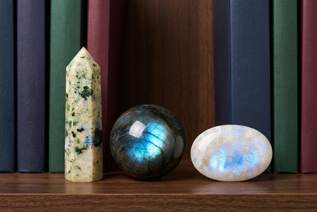 Growth & Transformation crystal set: Chrysocolla, Labradorite and Moonstone on a bookshelf