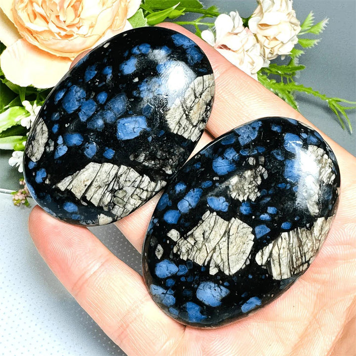 Polished Quesera Palm-Crystal stones with vibrant blue spots and healing energy.