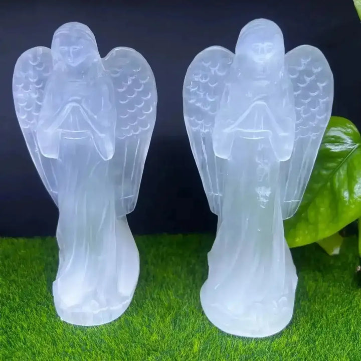 Hand carved white selenite guardian angel figurines, natural healing crystal statues for peaceful home decor and gifting.