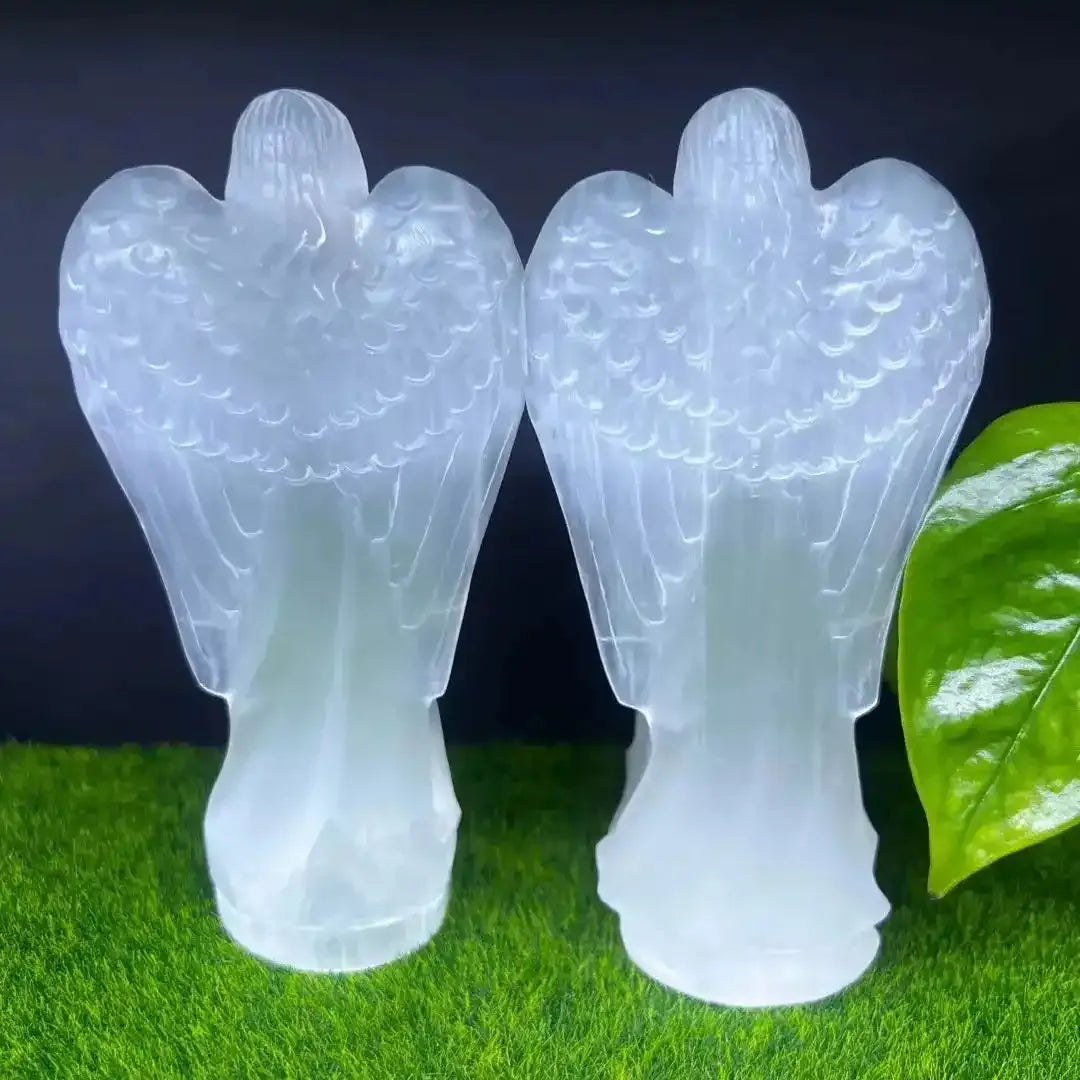 Hand carved white selenite guardian angel figurines, natural healing crystal statues for home decor and spiritual energy.