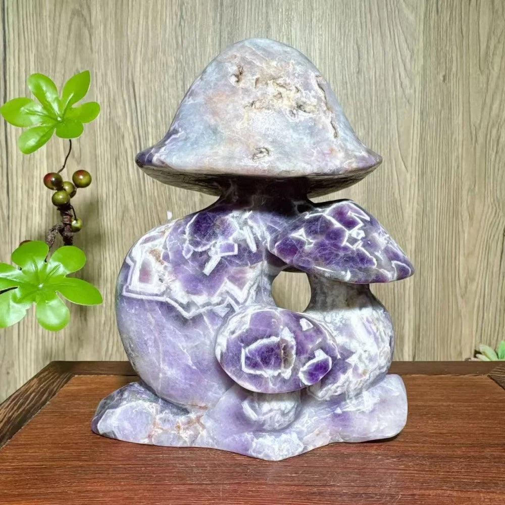 HandCarved Natural Stone Dream Amethyst Mushroom Family Carving with raw cracks, a healing crystal home decor gift.