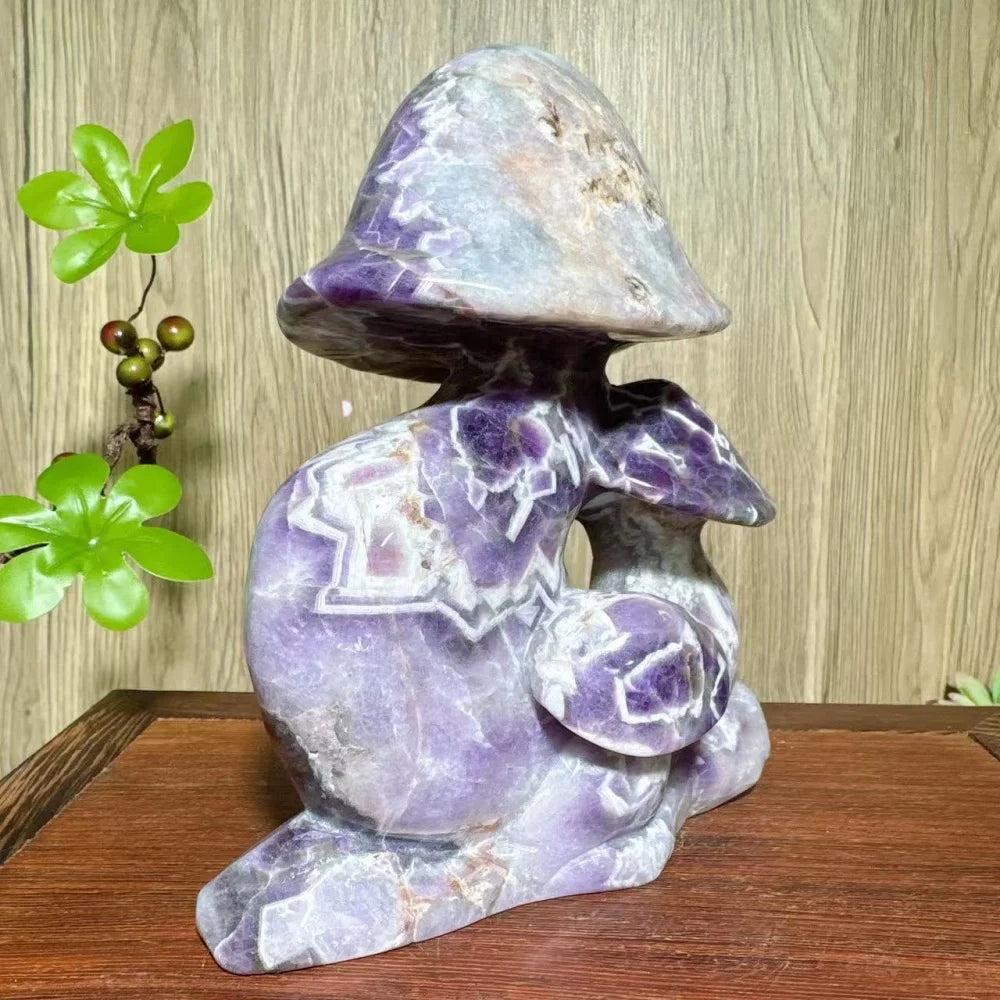 HandCarved Natural Stone Dream Amethyst Mushroom Family Carving with raw cracks for healing and home decor.