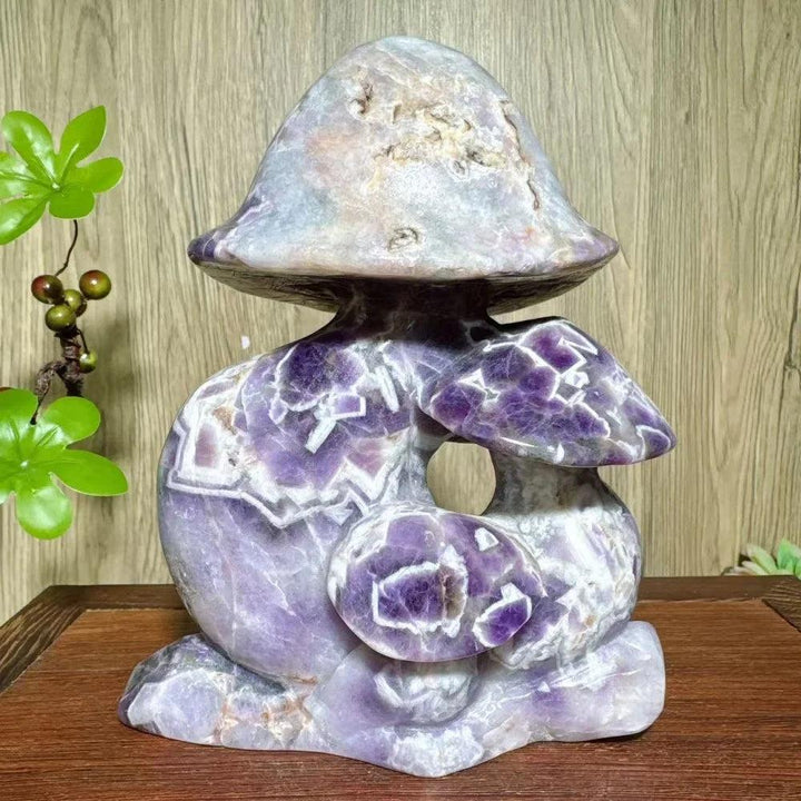 HandCarved Natural Stone Dream Amethyst Mushroom Family Carving with raw cracks, a healing crystal home decor gift.