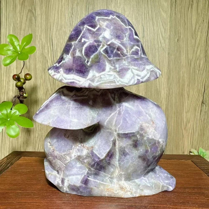 HandCarved Natural Stone Dream Amethyst Mushroom Family Carving with raw cracks, a healing crystal for home decor.