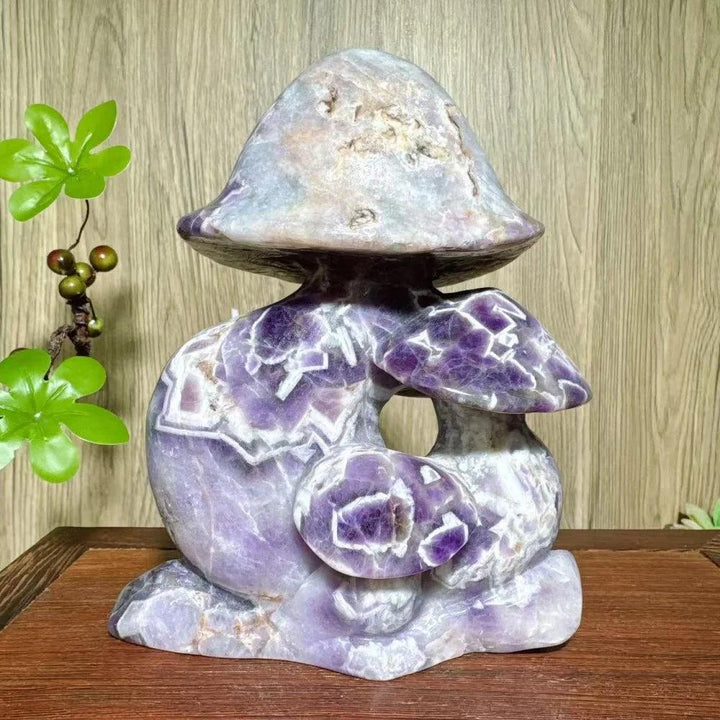 HandCarved Natural Stone Dream Amethyst Mushroom Family Carving with raw cracks. Healing crystal Reiki energy home decor.