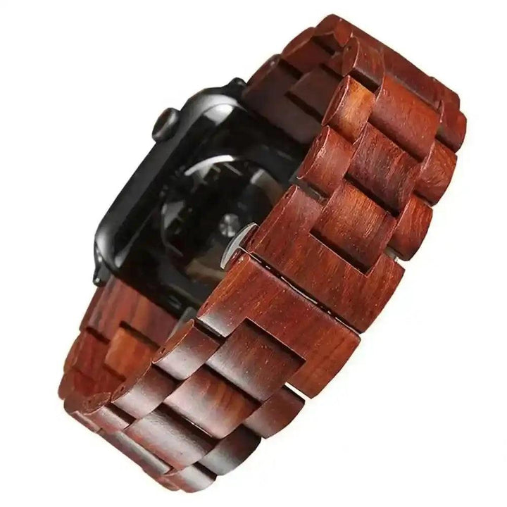 Handcrafted natural wood Apple Watch band, showcasing rich brown tones and unique grain, offering rustic charm and modern functionality.