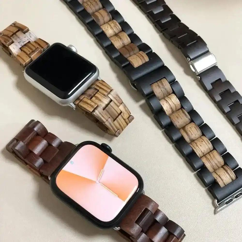 Handcrafted Wooden Apple Watch Bands in natural, dark, and two-tone wood, offering rustic charm and modern functionality.