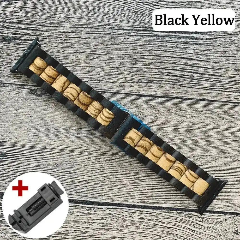 Handcrafted Wooden Apple Watch Band, featuring natural wood links and black accents, offering rustic charm and modern functionality.