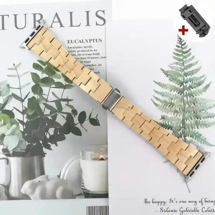 Handcrafted natural wood Apple Watch band, light brown with unique grain, offering rustic charm and modern functionality.