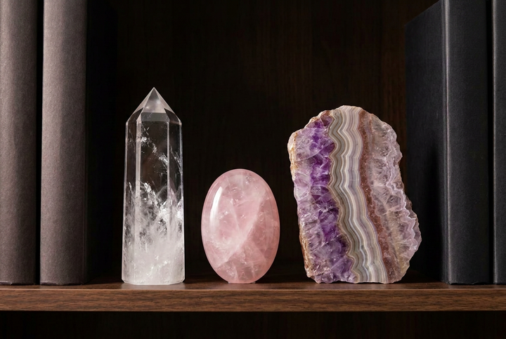 Healing crystal set: Clear Quartz, Rose Quartz and Amethyst on a bookshelf