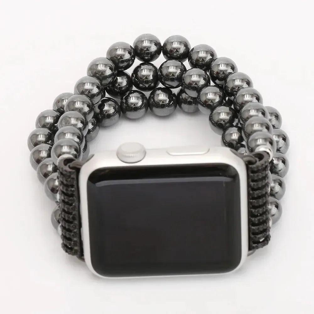 Striking Hematite Beaded Apple Watch Band with smooth, polished gemstone beads and metallic luster for grounding energy.