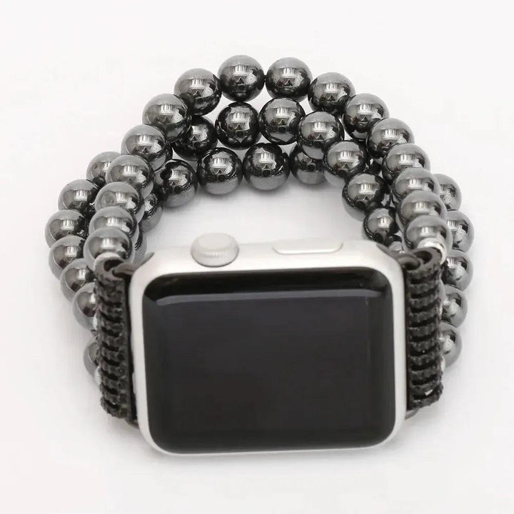 Striking Hematite Beaded Apple Watch Band with smooth, polished gemstone beads and metallic luster for grounding energy.