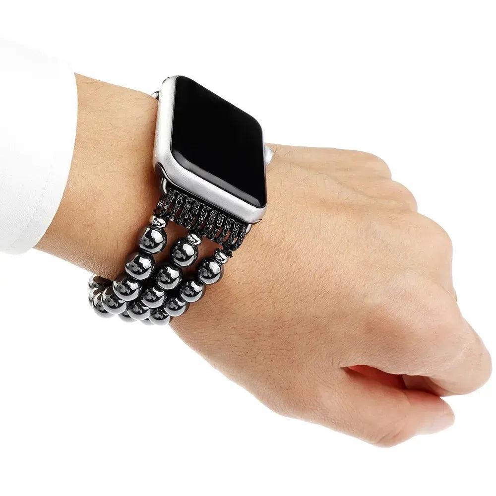 Striking Hematite Beaded Apple Watch Band with smooth, polished gemstone beads and metallic luster for grounding energy.