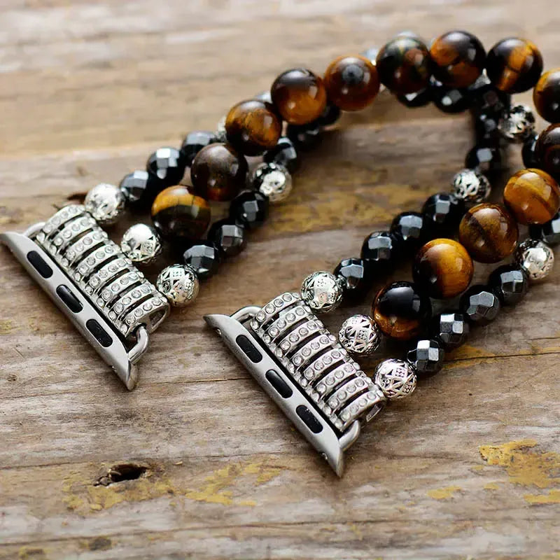 Hematite Tiger Eye Beaded Apple iWatch Band-Bands-Ali-Hematite - Tiger Eye-Small-Apple 38-41MM Plate-Crystal Destiny