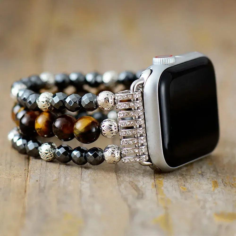Crystal Destiny Hematite Tiger Eye beaded Apple Watch band with silver accents for grounding and courage.