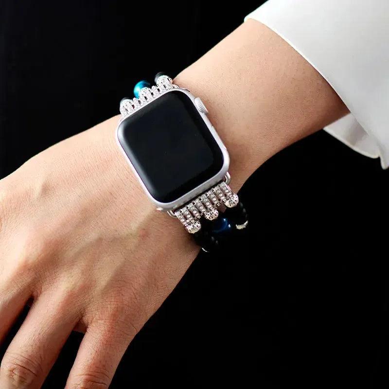Hematite Tiger Eye Beaded Apple iWatch Band with metallic luster, golden shimmer, and protective stone energy.