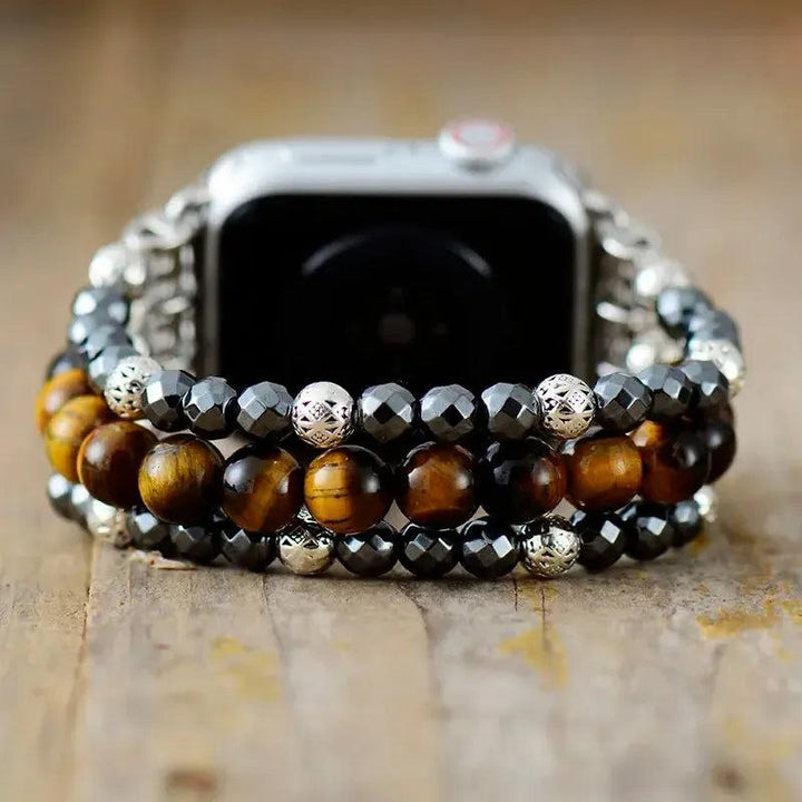 Hematite Tiger Eye Beaded Apple iWatch Band with metallic gray and golden brown beads for grounding and courage.