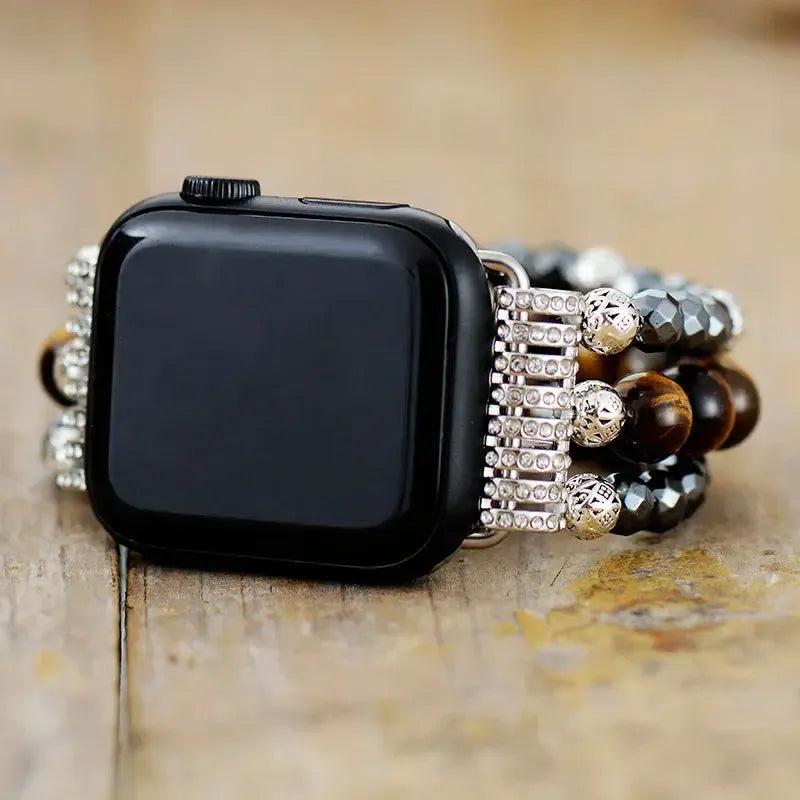 Hematite Tiger Eye Beaded Apple iWatch Band with metallic hematite and golden tiger eye beads, offering grounding energy and bold style.