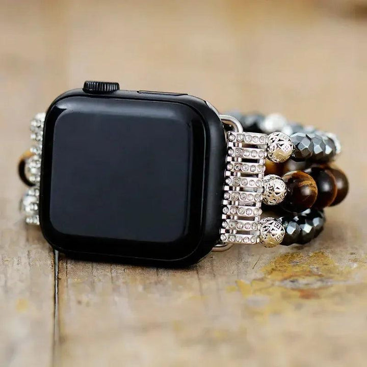 Hematite Tiger Eye Beaded Apple iWatch Band with metallic hematite and golden tiger eye beads, offering grounding energy and bold style.