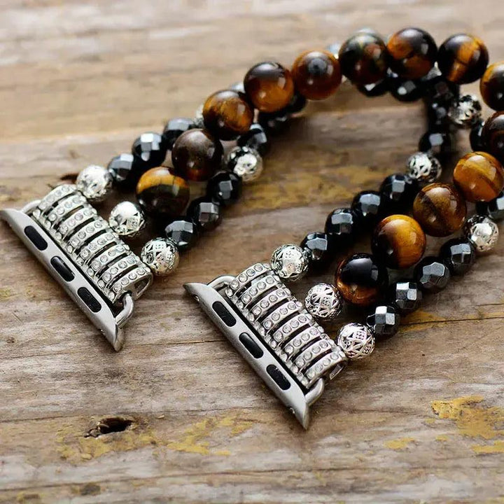 Hematite Tiger Eye Beaded Apple iWatch Band with metallic hematite and golden tiger eye beads for grounding and courage.