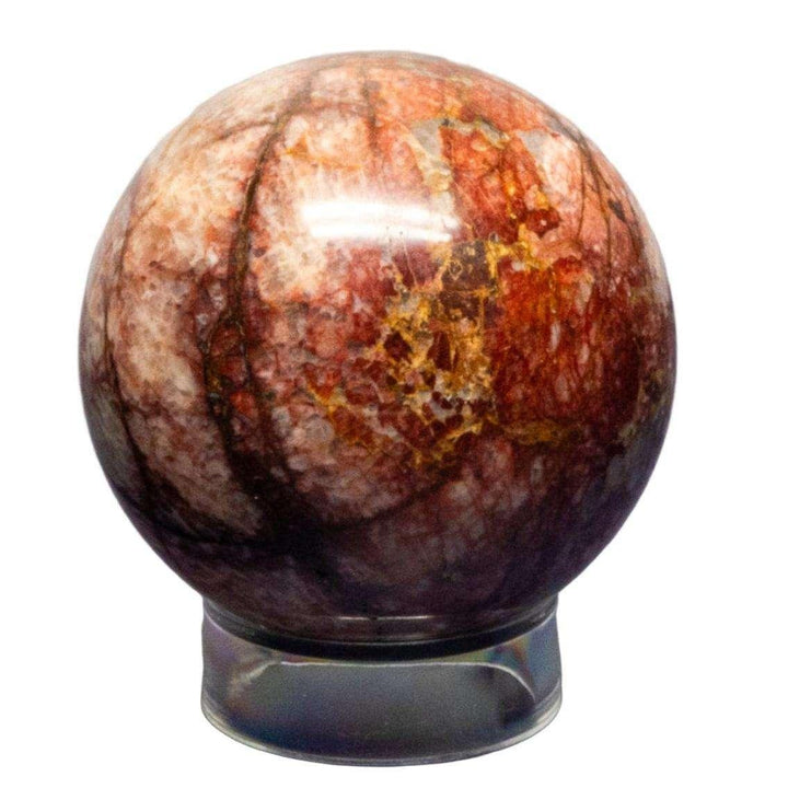 Hematoid "Fire" Quartz Sphere, 52-54mm, with glowing red, orange, and gold inclusions, polished smooth.