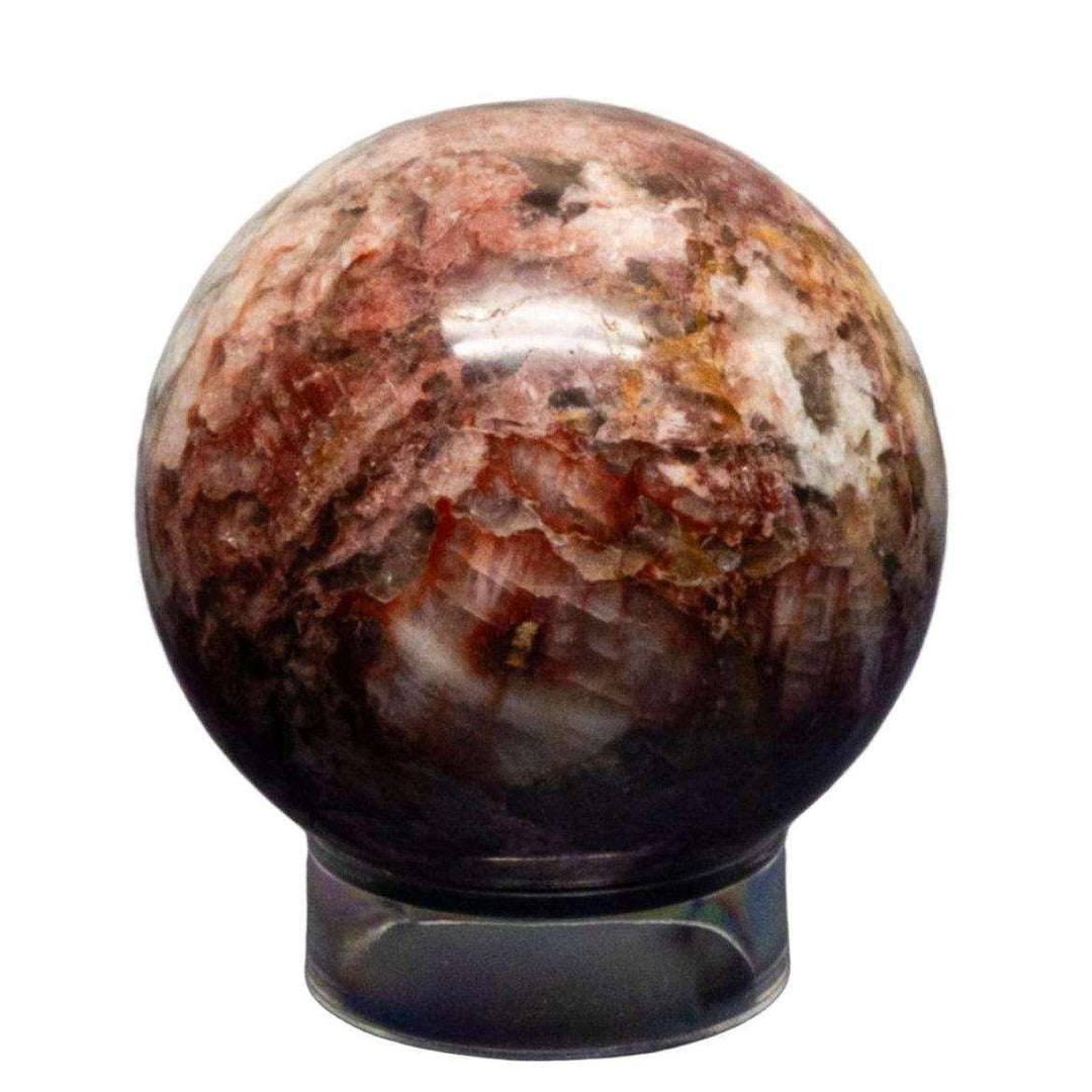 Polished Hematoid "Fire" Quartz Sphere, 52-54mm, with glowing red, orange, and gold inclusions.