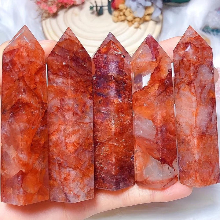 Five fiery Hematoid Quartz Crystal Towers with red and orange inclusions, grounding and energizing.