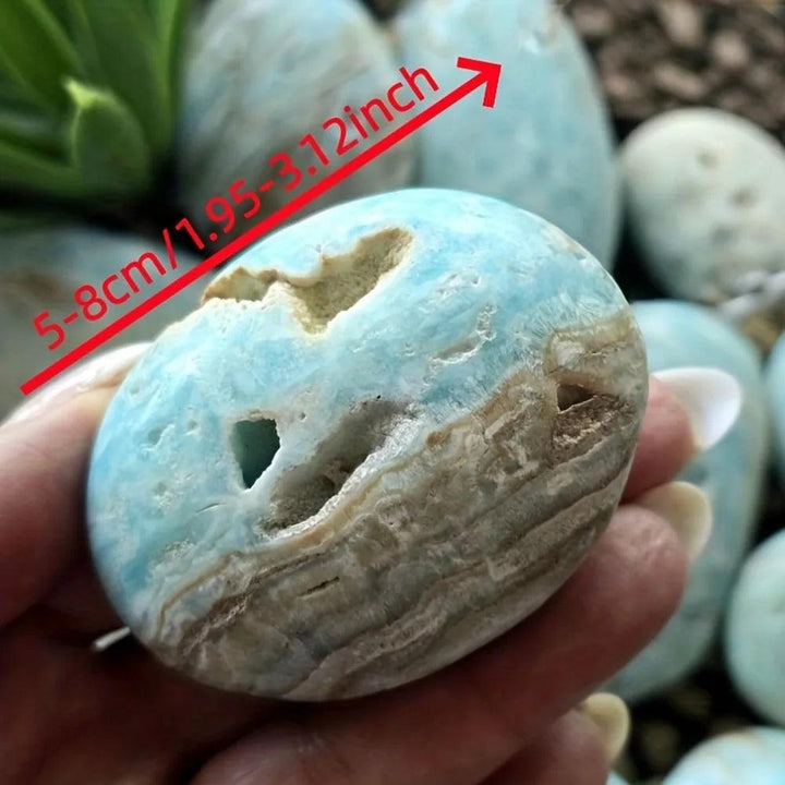 Blue Hemimorphite Crystal Palm Stone with natural druzy pockets, measuring 5-8cm for throat chakra healing.