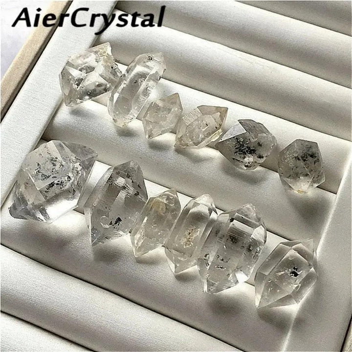 AierCrystal Herkimer Diamond quartz crystals, clear double-terminated points with natural facets, raw and sparkling.