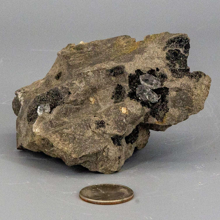 Herkimer Diamond in Matrix Host Rock 3+, showcasing clear, double-terminated quartz crystals embedded in natural gray rock.