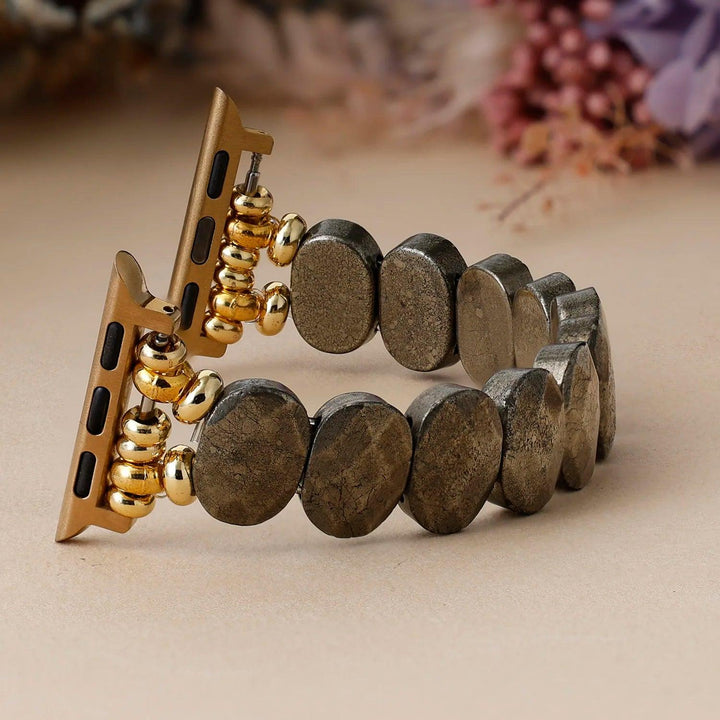 High End Pyrite Stones Stretch Smartwatch Strap with gold accents, offering fashion and protective energy.
