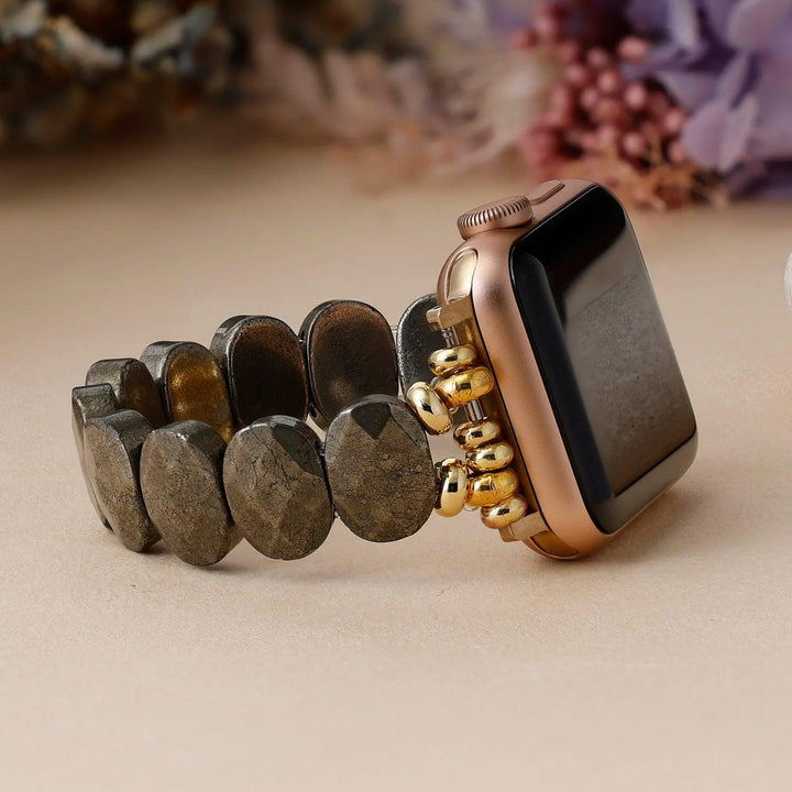 High End Pyrite Stones Stretch Smartwatch Strap with gold accents, perfect for 38-49mm watchbands.