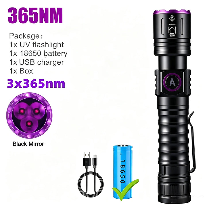 High Power 365nm UV Flashlight, Rechargeable