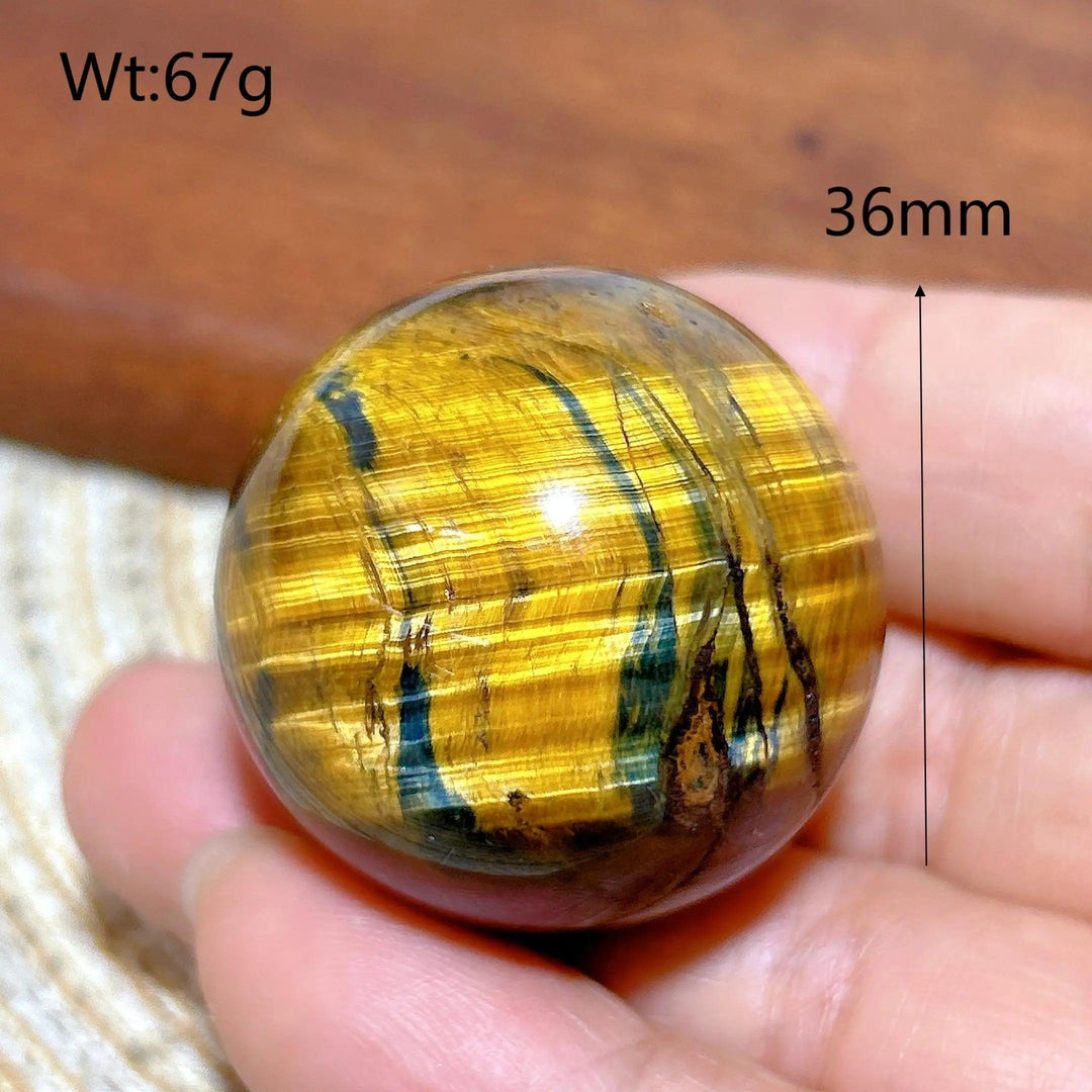36mm natural blue and yellow Tiger Eye crystal sphere, a polished healing ball with flashy mineral energy for decor.