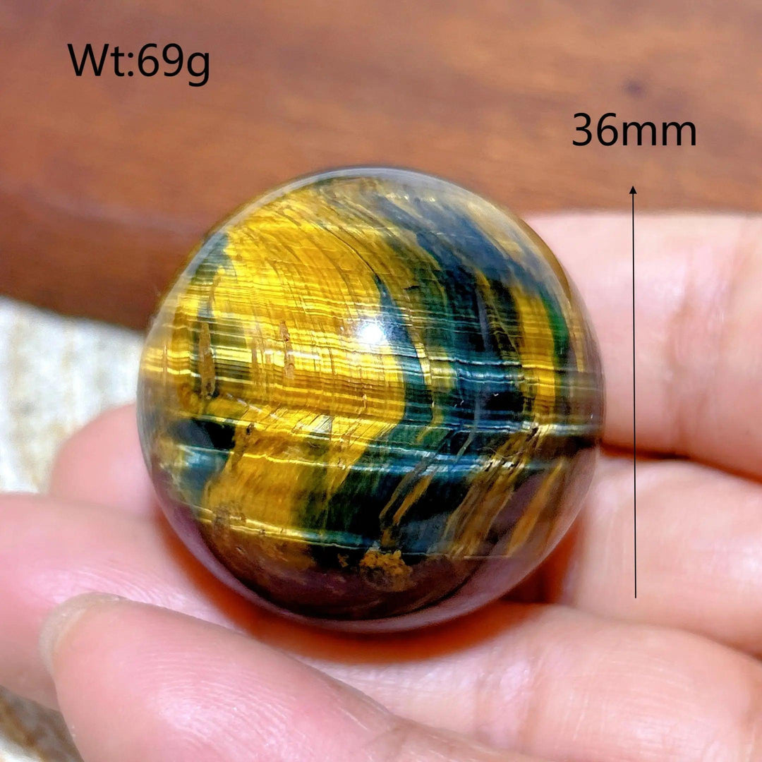 36mm Blue and Yellow Tiger Eye crystal sphere, a flashy polished healing stone perfect for Feng Shui home decor.