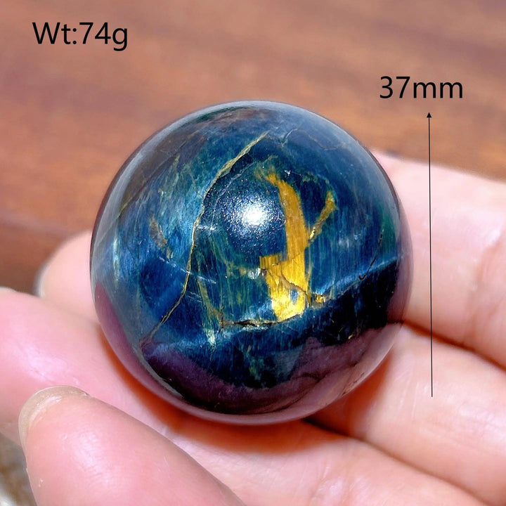37mm blue and yellow tiger eye crystal sphere, a polished healing stone ball for energy decor and unique gifts.