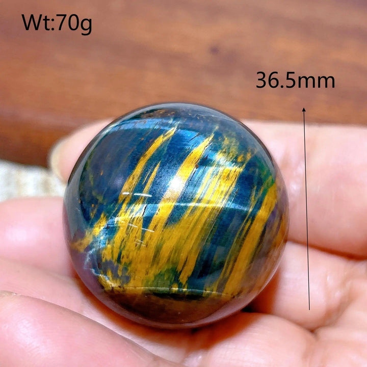 Flashy 36.5mm Blue Tiger Eye crystal sphere, a 70g natural stone ball for healing energy and elegant room decor.