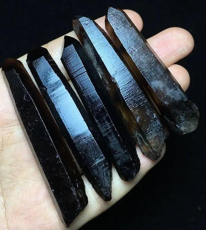 Himalayan Black Lemurian Smoky Quartz Crystal Points: dark, grounding, natural Lemurian-style crystal points with striations.