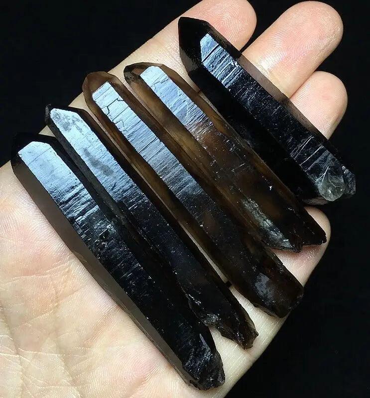 Himalayan Black Lemurian Smoky Quartz Crystal Points, dark, grounding, and quietly powerful with characteristic striations.