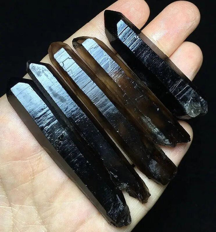 Himalayan Black Lemurian Smoky Quartz Crystal Points, dark, grounding, and quietly powerful with characteristic striations.